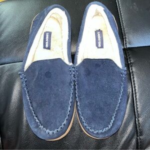 Lands' End Men's Blue Suede Loafers Slippers Sherpa 8